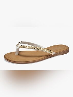 White Gold Chain Flip Flop Sandals Size 8 Cushioned Summer Chic